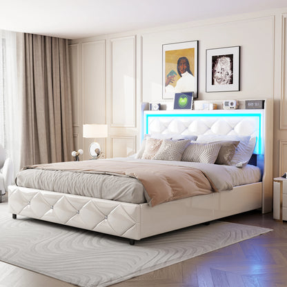 Opbergbed – Hydraulisch Bed – Gestoffeerd Bed – Bed Met Opbergruimte – Kunstleer Bekleding – LED-Verlichting - 160 x 200 - Wit