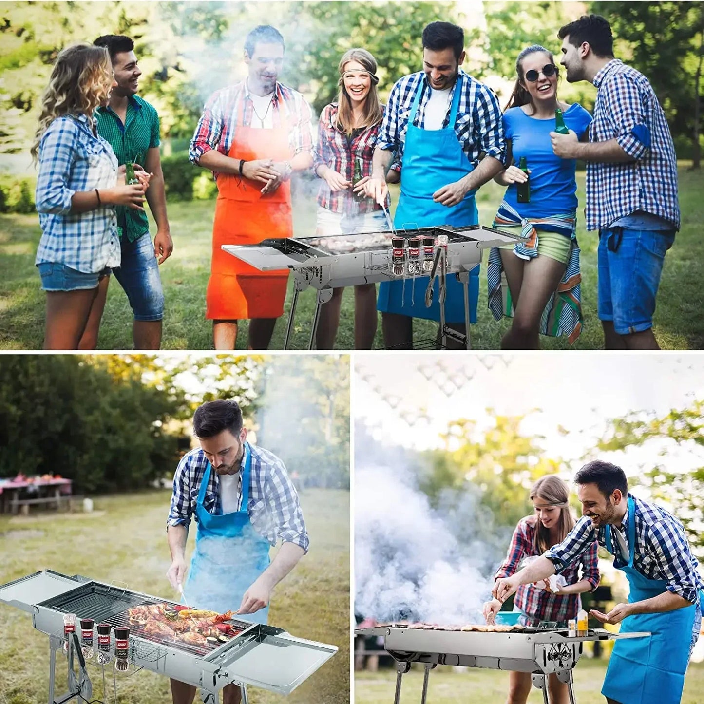 BBQ - BBQ Houtskool - Barbecue - Grill - RVS - met Dubbele Opklapbare Zijkanten, Antiaanbakpan en Verstelbare Ventilatie – Draagbare Camping BBQ - Zilver