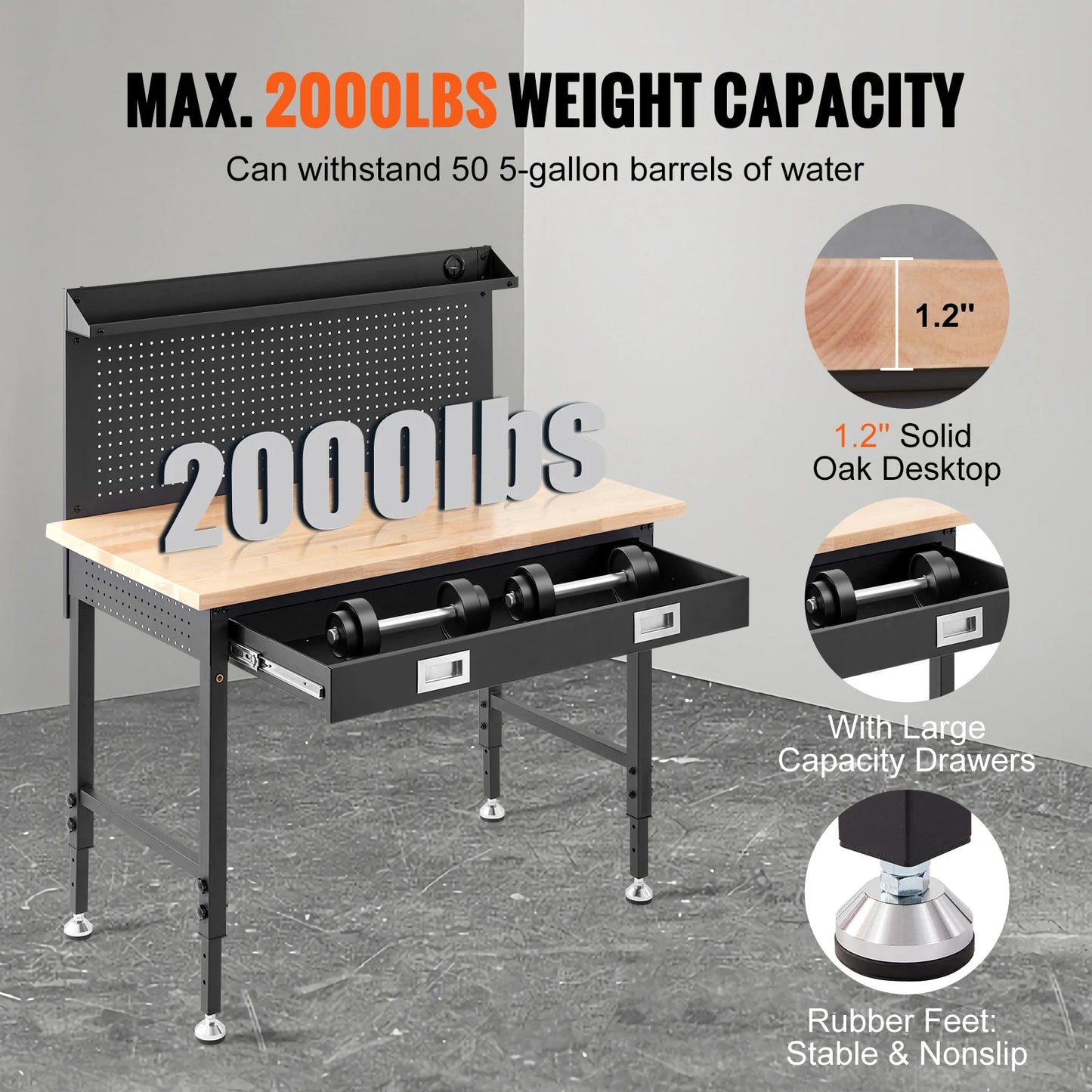 SucceBuy 2000lbs Hardwood Workbench Heavy Oak Plank Work Table Carbon Steel with 3m Cable 30 Hooks for Garage Office Workshop