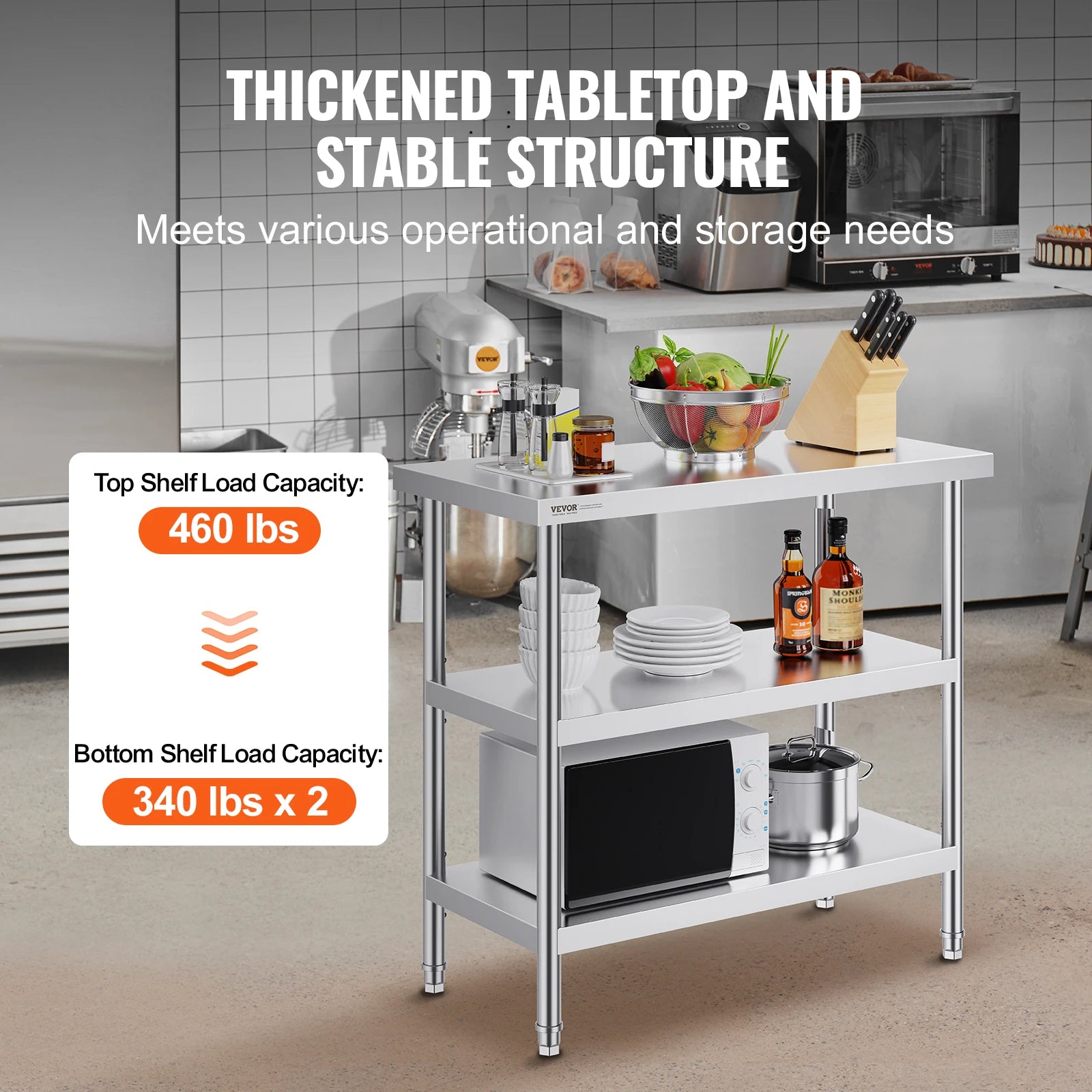 RVS Werktafel -  Keukeneiland - Kookeiland - Keukentafel - RVS Werktafel met Verstelbare Bovenplank - 14 x 60 in -  Roestvrijstalen Keukentafel met 2 Verstelbare Onderschappen - QUORE