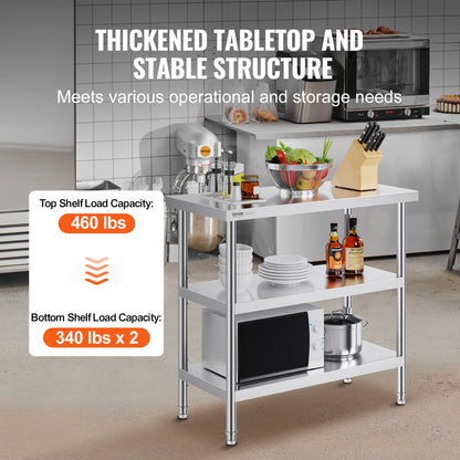 RVS Werktafel -  Keukeneiland - Kookeiland - Keukentafel - RVS Werktafel met Verstelbare Bovenplank - 14 x 60 in -  Roestvrijstalen Keukentafel met 2 Verstelbare Onderschappen - QUORE