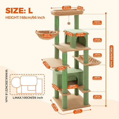 Kattenboom - voor Grote Binnenkatten – Krabpaal - Hoog Kattenmeubel - met Sisal Krabpalen - Extra Grote Hangmat - 2 Kattenhuisjes - Meerdere Verdiepingen – Arbre a Chat - 169cm - Groen