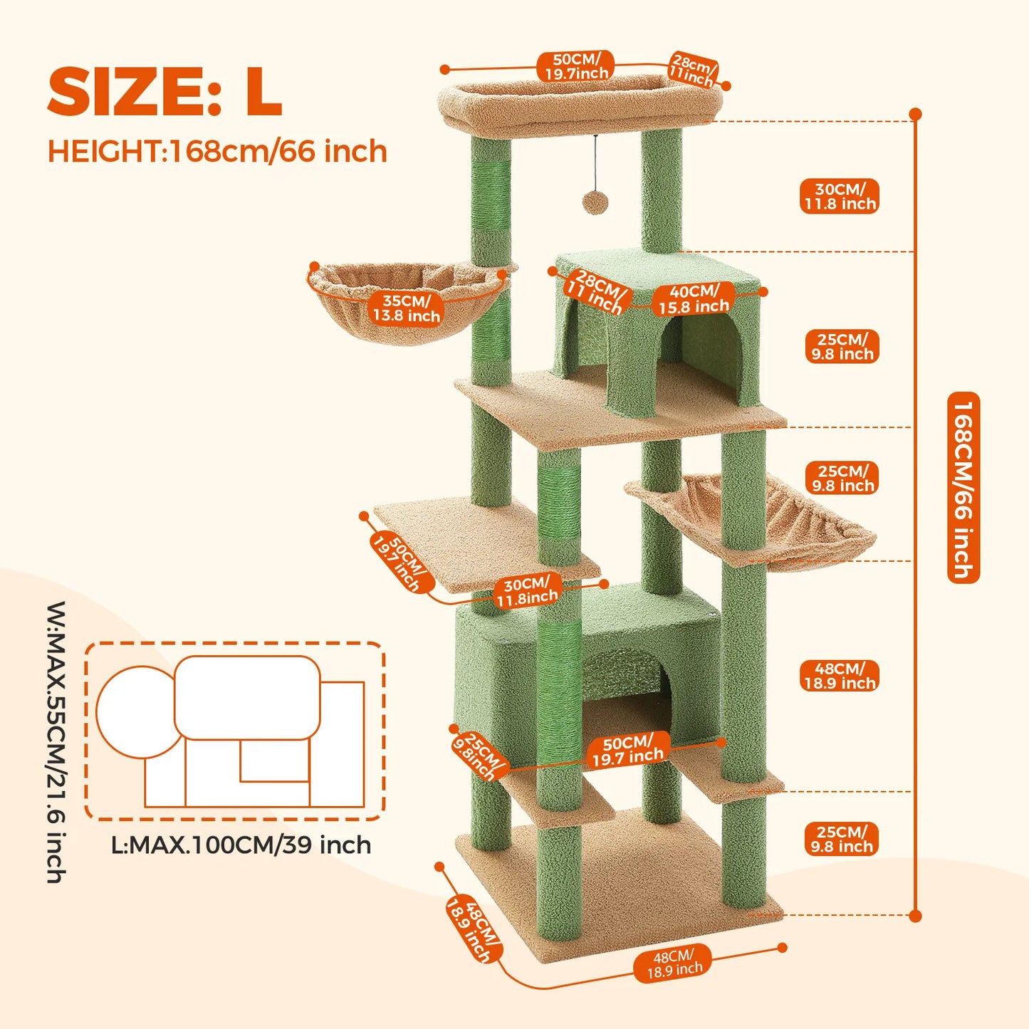 Kattenboom - voor Grote Binnenkatten – Krabpaal - Hoog Kattenmeubel - met Sisal Krabpalen - Extra Grote Hangmat - 2 Kattenhuisjes - Meerdere Verdiepingen – Arbre a Chat - 169cm - Roze