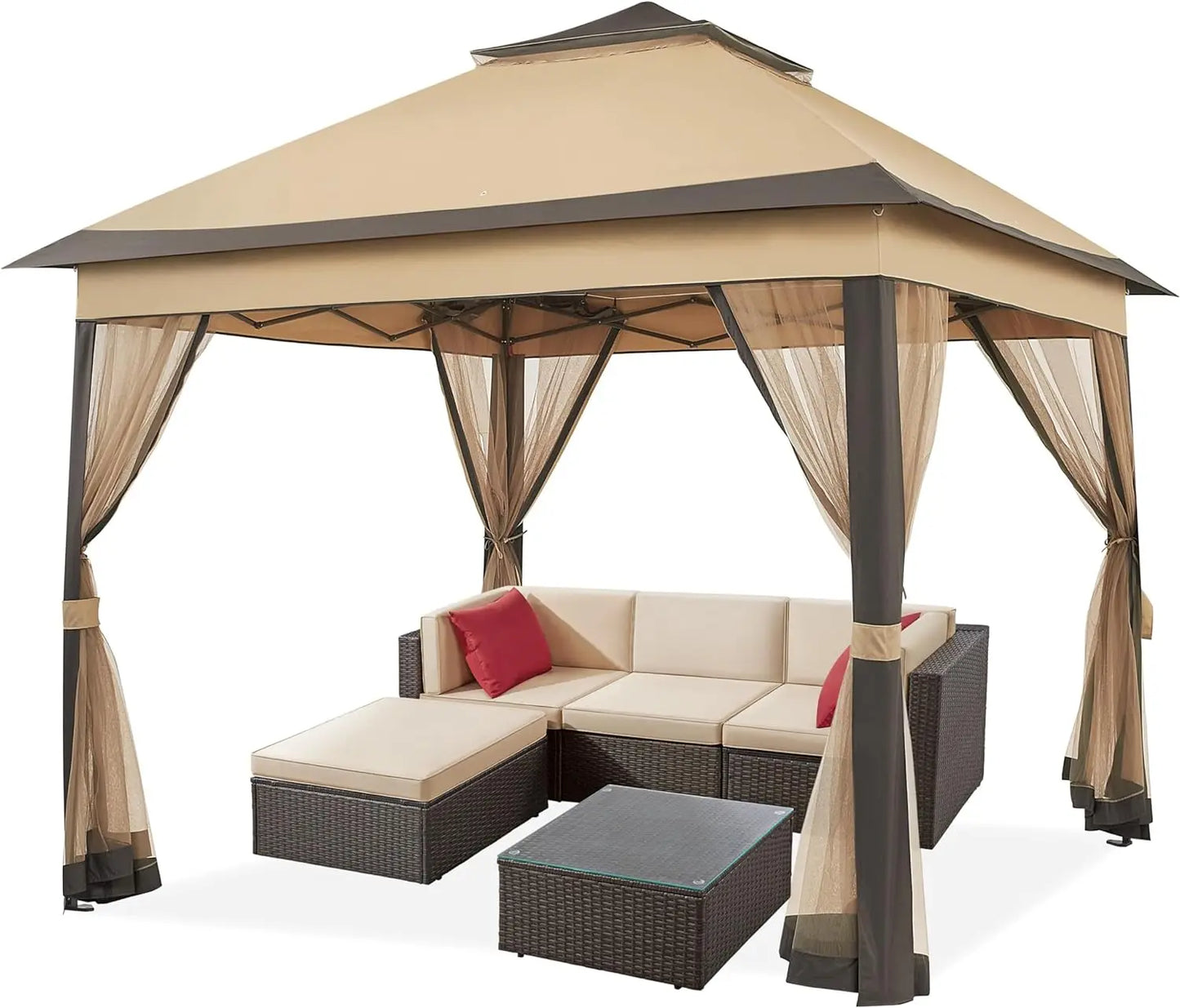 Gazebo Pop-Up Tent  - Kampeertent - Opvouwbare Partytent - Tenten - 3.3x3.3m - Waterdichte - 4 Muskietennetten - voor Camping - Feest of Festival - Khaki en Bruin