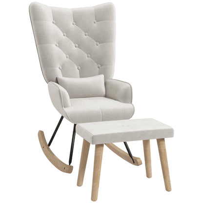 Relaxfauteuil – Relaxstoel – Schommelstoel – Fauteuil Met Voetenbank – Fluweel Crème – Rubberhout – Schommelende Beweging