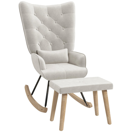 Relaxfauteuil – Relaxstoel – Schommelstoel – Fauteuil Met Voetenbank – Fluweel Crème – Rubberhout – Schommelende Beweging