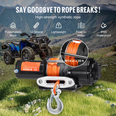 Elektrische lier - Lier - Tackle - Elektrische takel - Staalkabellier - 4500LBS- met 39 ft synthetisch touw - Bedrade/draadloze bediening - Waterdicht - voor Jeeps
