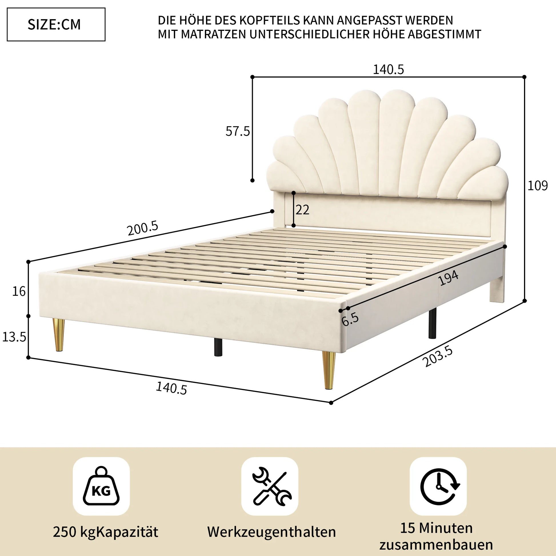 Bedbank – Kinderbed – Slaapbank – Tweepersoonsbed – Gestoffeerd Bed – 140x200 cm – Fluwelen Bekleding – Bloemvormig Hoofdbord - QUORE
