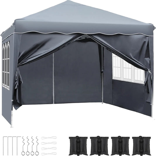 Paviljoen - Tuinpaviljoen - Partytent - Tuintent - Pop-up Kliksysteem - Stabiel - Vouwtent - met 4 zijpanelen - Opvouwbaar - Waterdicht - Hoogte Verstelbaar - 50+UV-Bescherming - voor Tuin - Buiten - Achtertuin - 240D Oxford - 3 x 3 m - Grijs - QUORE