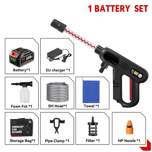 Hogedrukreiniger - Terrasreiniger - Accu - Elektrische - 220Bar - 5-in-1 - Draadloos Spuitpistool - 1 Batterij & EU-Stekker voor Auto, Tuin en Terras