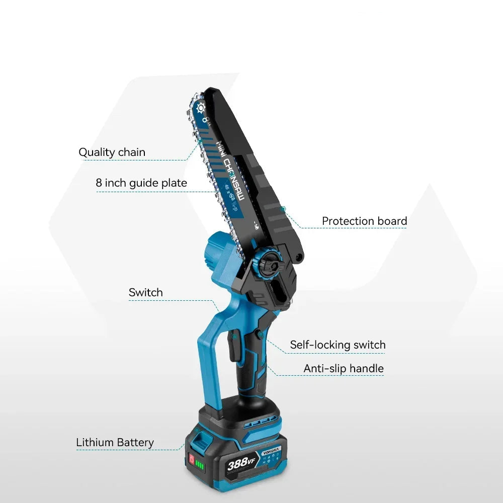 Kettingzaag - Snoeizaag - Takkenzaag - Handzaag - Draadloze - 8 inch - Mini Kettingzaag - Krachtige Borstelloze Snoeizaag met 2 Accu’s en EU Stekker voor Houtbewerking en Tuinwerk