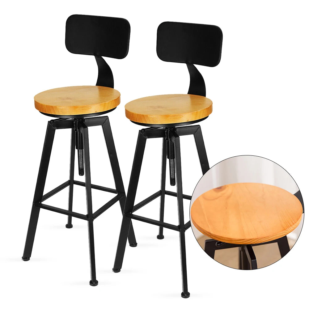 Barkruk - Barkruk Industrieel – Houten Barkruk – Barkrukken Set van 2 – Barkruk met Rugleuning - Bar Stool – Houten Zitvlak - Barkrukken met Voetensteun - Stoel 64-84Cm - Zwart