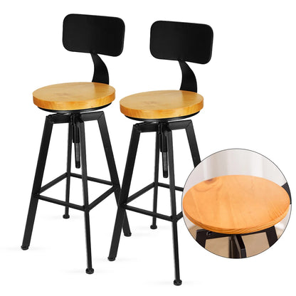 Barkruk - Barkruk Industrieel – Houten Barkruk – Barkrukken Set van 2 – Barkruk met Rugleuning - Bar Stool – Houten Zitvlak - Barkrukken met Voetensteun - Stoel 64-84Cm - Zwart