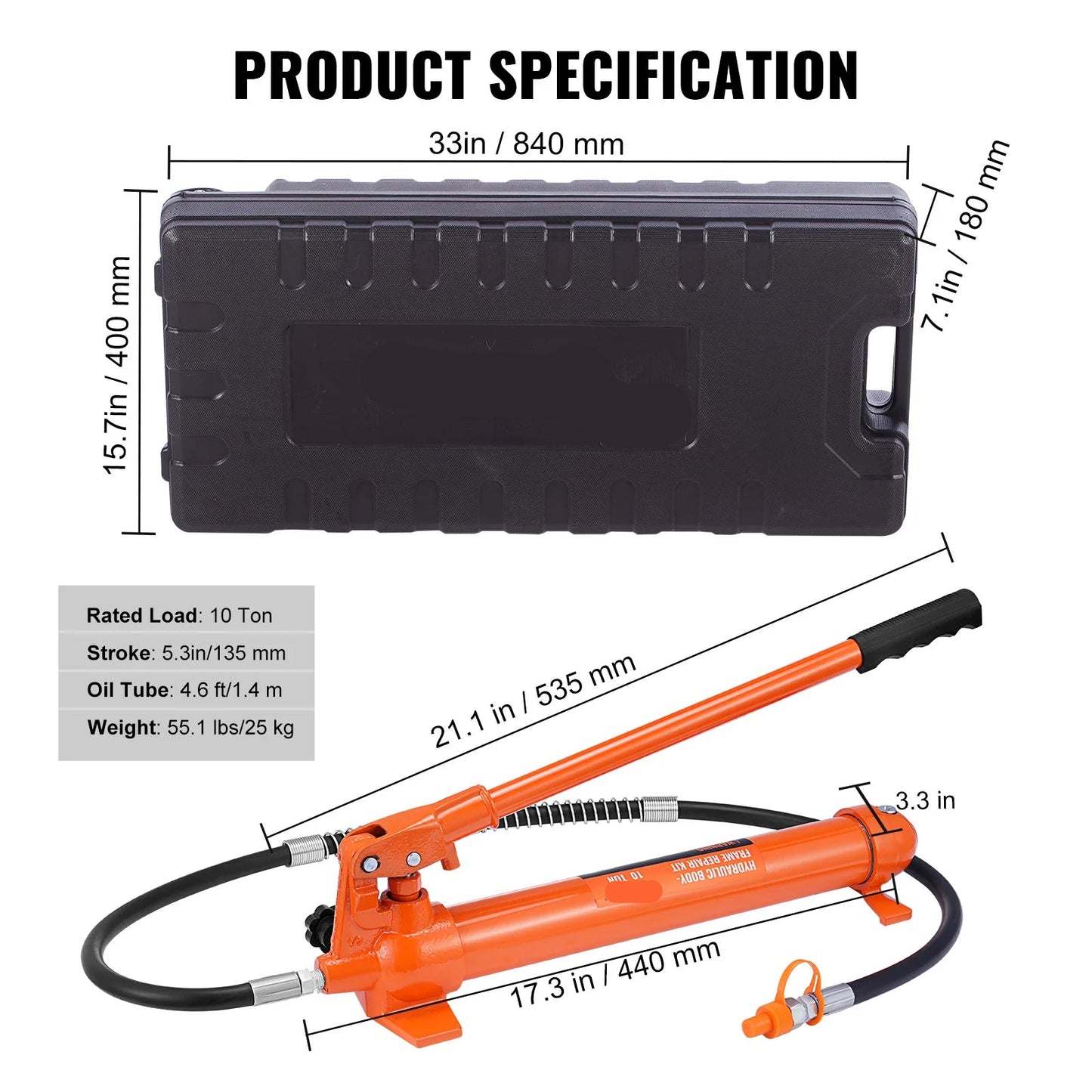 Hydraulische Porta Power Set – Hydraulische Krik – Hydraulische Spreider – Power Set – Reparatieset – 10 Ton Draagvermogen – Stalen Cylinder - QUORE