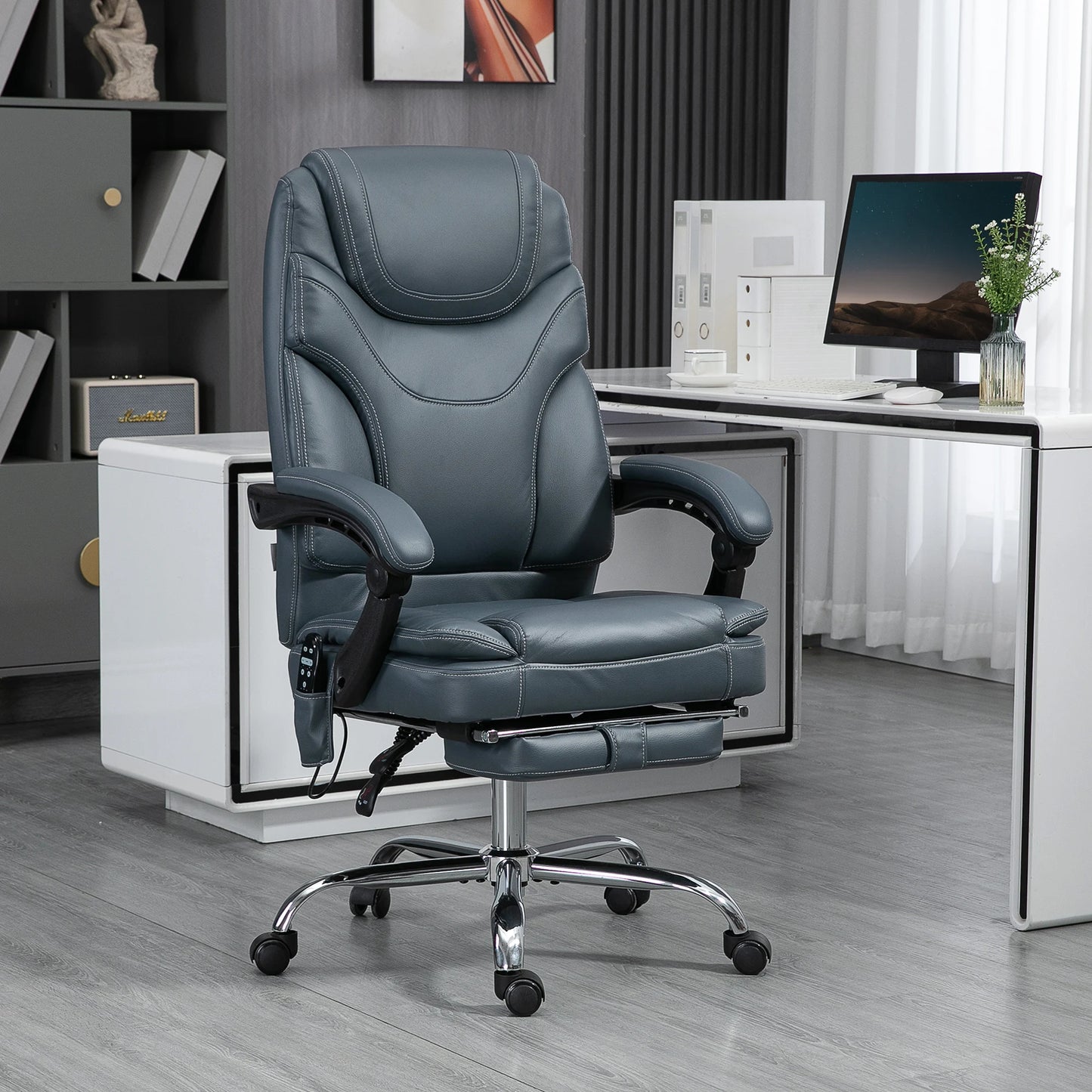 Massage Gaming Stoel - Bureaustoel - Swivel Stoel - met Voetsteun - Hoofdsteun - Verstelbare - Rugleuning - 6-puntsmassage - Ergonomische - Draaibare - 62 x 67 x 113-121 cm - Grijs