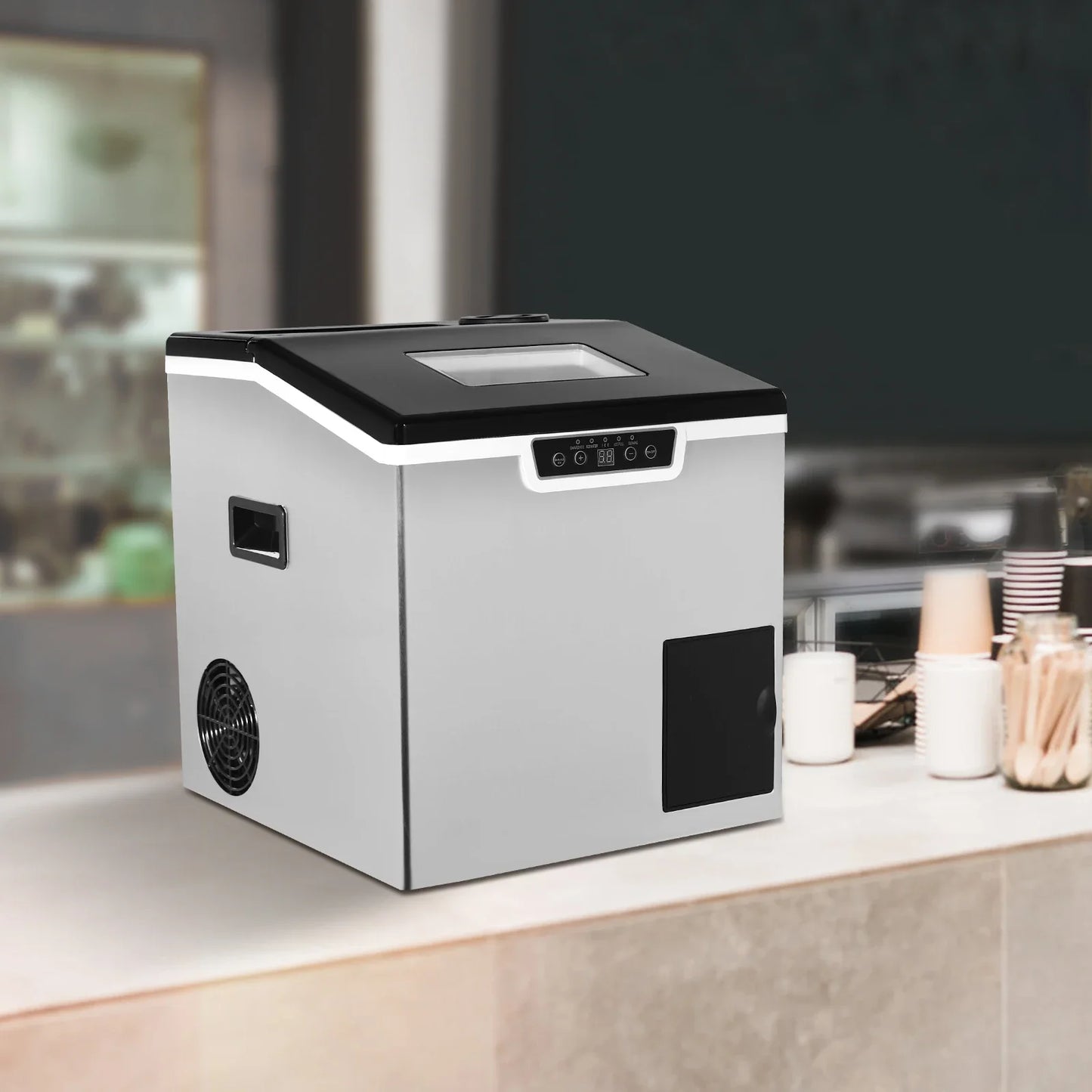 2-in-1 Ice Maker and Crusher, LCD Display, Auto Cleaning, Safety Alerts, Durable ABS & Stainless Steel, Perfect for Home or Cafe
