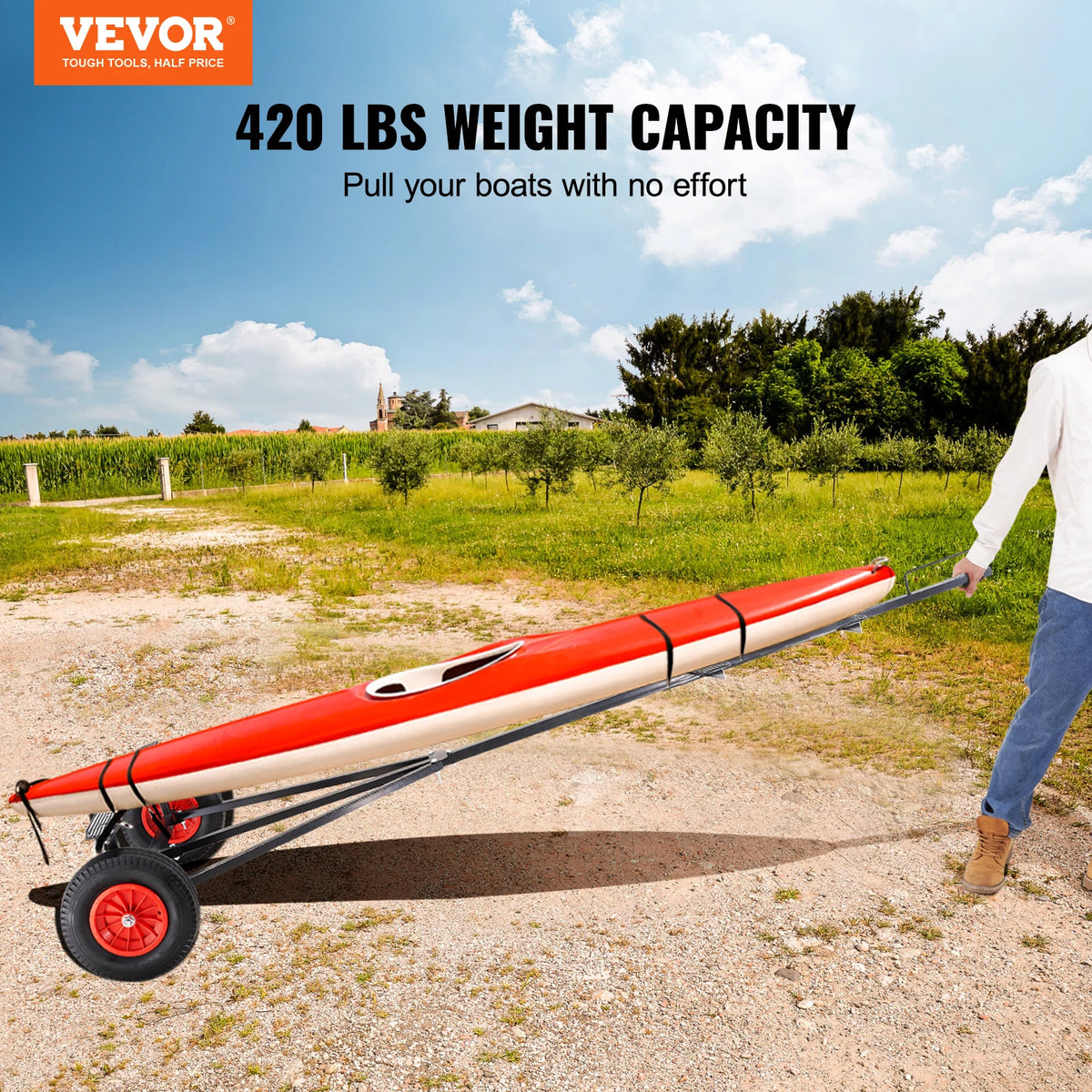 Vevor - Handtrailer Boat - Boottrailer Dolly - Dolly - Koolstofstaal - met 96''-116'' Verstelbare Lengte - 16'' Luchtbanden & Antislip Ondersteuningsbeugel - QUORE