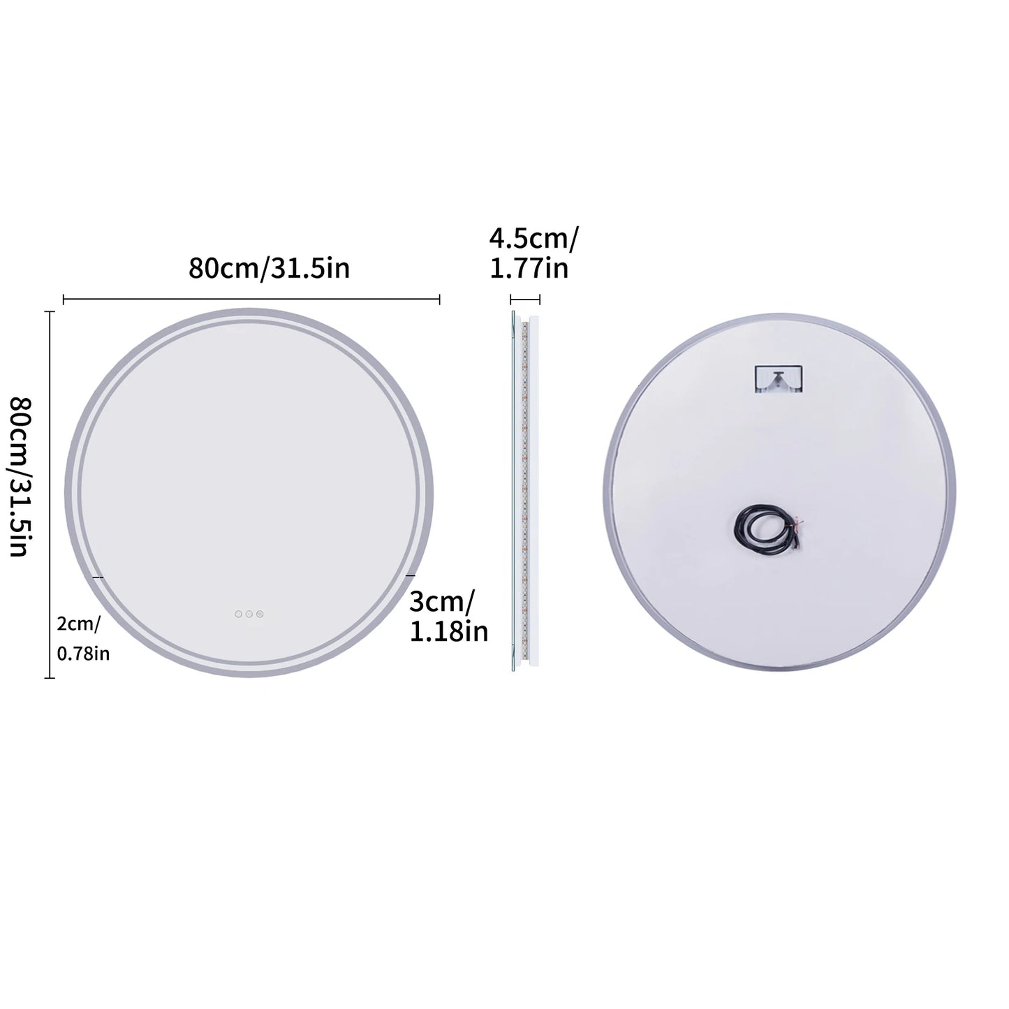 Badkamerspiegel - met LED - Wandspiegel Rond - Badkamerspiegel met Verlichting - Anti-condens - Dimbaar - Backlit - 3 Lichtkleuren - Touchschakelaar - IP44 Waterdicht - 80x80cm