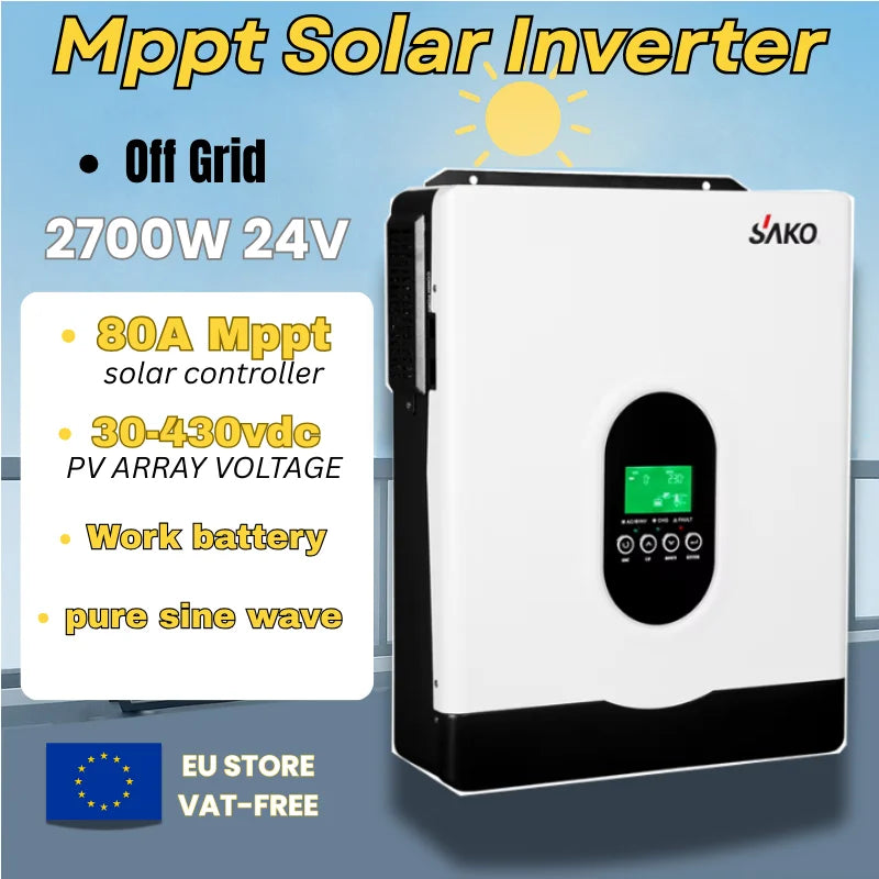 Zonnomvormer – Solar Omvormer – Hybride Omvormer – Pure Sinus Omvormer – 24V Omvormer – 2700W Vermogen – Ingebouwde 80A MPPT - QUORE