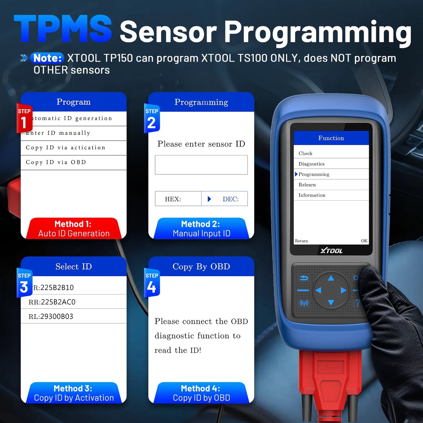TPMS Programmer – Bandenspanningsmeter – TPMS Diagnosetool – Sensor Activator – TPMS Relearn Tool – Werkt Met 315 & 433 MHz – Inclusief 4 PCS TS100 Sensoren - QUORE