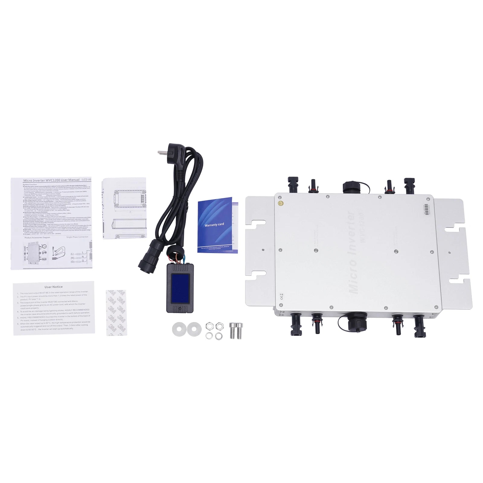 WVC-1200W Solar Grid Tie Micro Inverter IP65 Waterproof MPPT 220V Solar Microinverter DC22-50V for 30V/36V Solar Panels, EU Plug - QUORE