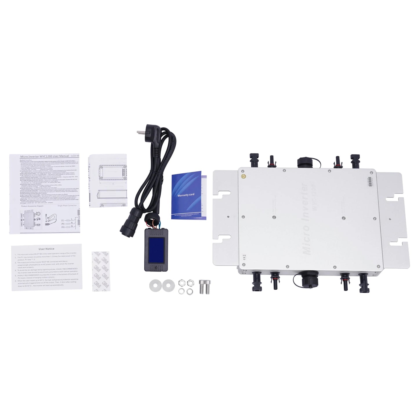 WVC-1200W Solar Grid Tie Micro Inverter IP65 Waterproof MPPT 220V Solar Microinverter DC22-50V for 30V/36V Solar Panels, EU Plug - QUORE