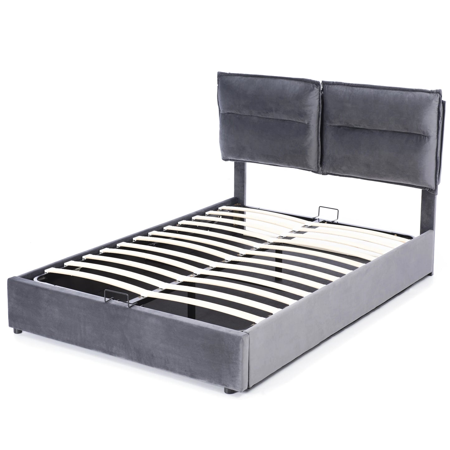 Tweepersoonsbed – Bed – Slaapbed – Opbergbed – Fluwelen Bed – Donkergrijs 140x200 cm – Verstelbaar Hoofdeinde – XXL Hydraulische Opbergruimte