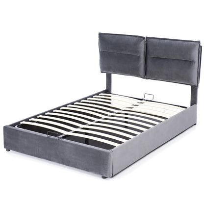 Tweepersoonsbed – Bed – Slaapbed – Opbergbed – Fluwelen Bed – Donkergrijs 140x200 cm – Verstelbaar Hoofdeinde – XXL Hydraulische Opbergruimte