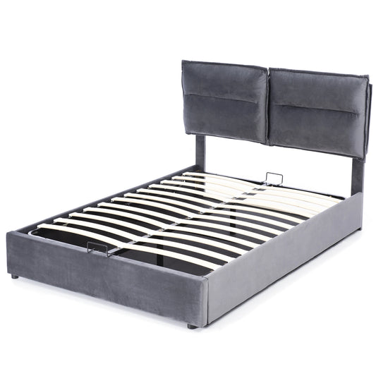Tweepersoonsbed – Bed – Slaapbed – Opbergbed – Fluwelen Bed – Donkergrijs 140x200 cm – Verstelbaar Hoofdeinde – XXL Hydraulische Opbergruimte