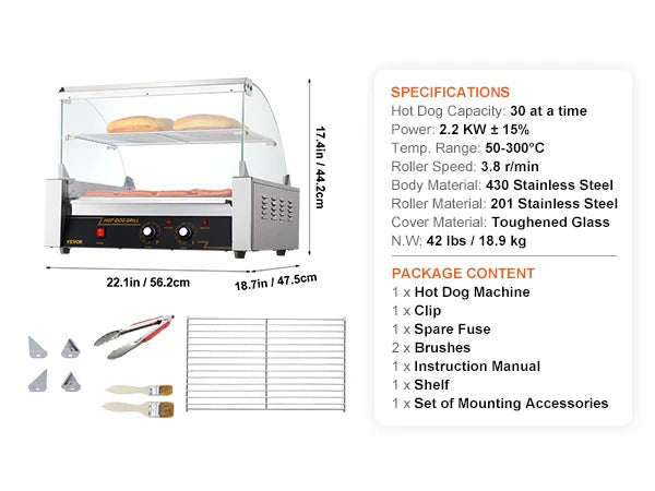 Hotdog Grill Machine - Hotdog Grill - Hotdogroller - 11 RVS Rollen - 750W - Elektrische Grill - met Deksel - Twee Temperatuurregelaars - Spatwand en plank - voor Keuken - en Feestjes - Capaciteit 12 Stuks