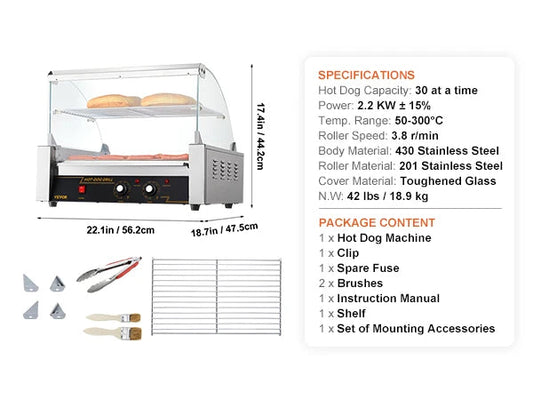 Hotdog Grill Machine - Hotdog Grill - Hotdogroller - 11 RVS Rollen - 750W - Elektrische Grill - met Deksel - Twee Temperatuurregelaars - Spatwand en plank - voor Keuken - en Feestjes - Capaciteit 12 Stuks