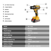 WS-7020-A2P - Cordless Drill - Cordless Drill - Drill - Electric Screwdriver - Cordless Drill - Incl. 2 Batteries - 20V - 60Hz - Yellow