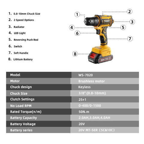 WS-7020-A2P - Cordless Drill - Cordless Drill - Drill - Electric Screwdriver - Cordless Drill - Incl. 2 Batteries - 20V - 60Hz - Yellow