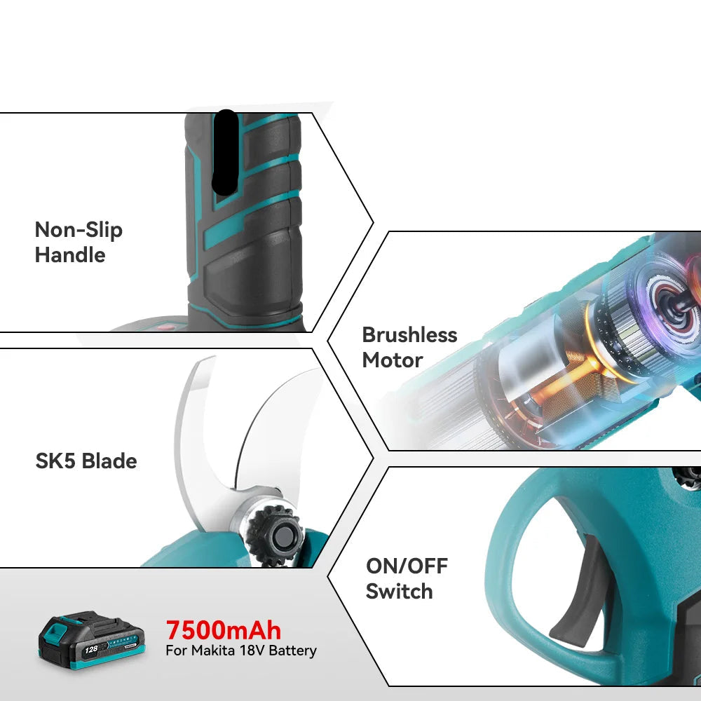 Elektrische Snoeischaar - Takkenschaar - Takkenzaag - Snoeizaag - Accu - 30MM - Borstelloze - Draadloze - Snijdiameter -  Takkenschaar met 2 Snelheden  - 18V - 2x Accu - Voor Fruitbomen, Bonsai en Takken