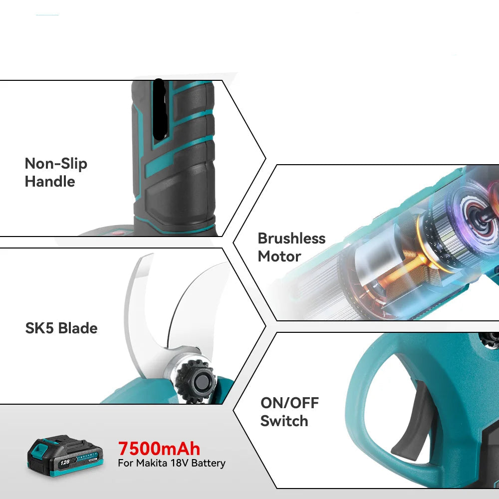 Elektrische Snoeischaar - Takkenschaar - Takkenzaag - Snoeizaag - Accu - 30MM - Borstelloze - Draadloze - Snijdiameter -  Takkenschaar met 2 Snelheden  - 18V - 1x Accu - Voor Fruitbomen, Bonsai en Takken - QUORE
