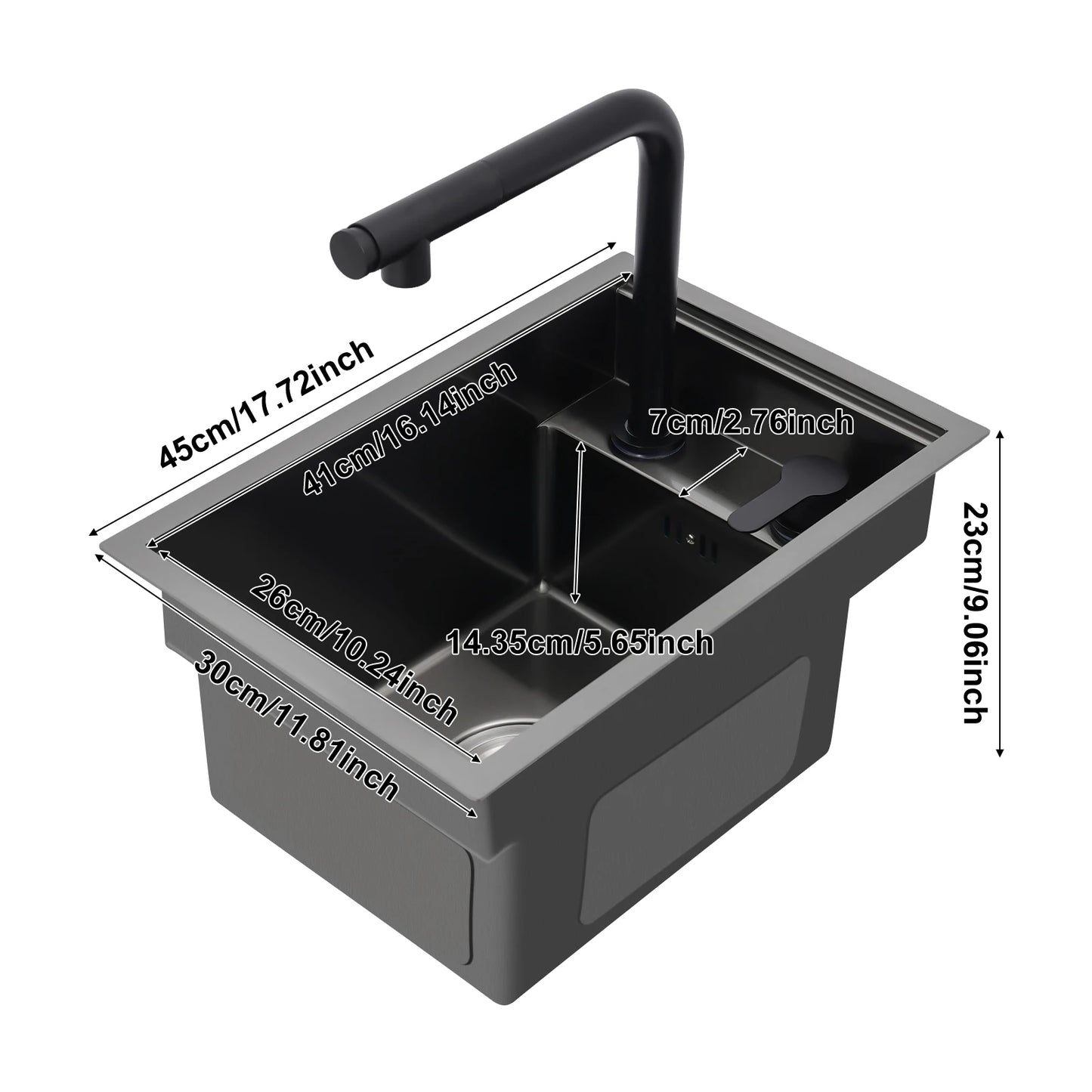 Ingebouwde Keukenspoelbak – Spoelbak Met Uittrekbare Kraan – Keukenkraan – Barspoelbak – Aanrechtspoelbak – Zwart Roestvrij Staal – Grote Spoelbak Met Nano Coating – Uittrekbare Kraan Met Warm/Koud Water