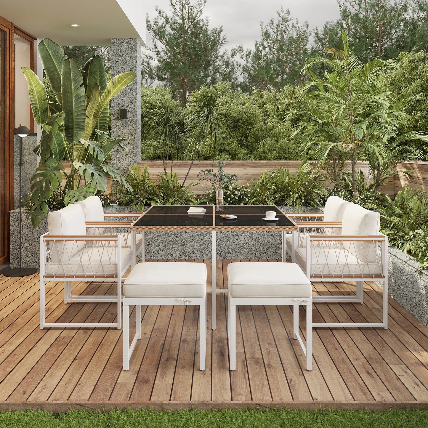 Tuinmeubelset - Tuinset – Tafel Met Stoelen – 7-Delig – Buitenmeubel – Comfortabel – 118x118 Cm – Weerbestendig Stalen Frame - Wit