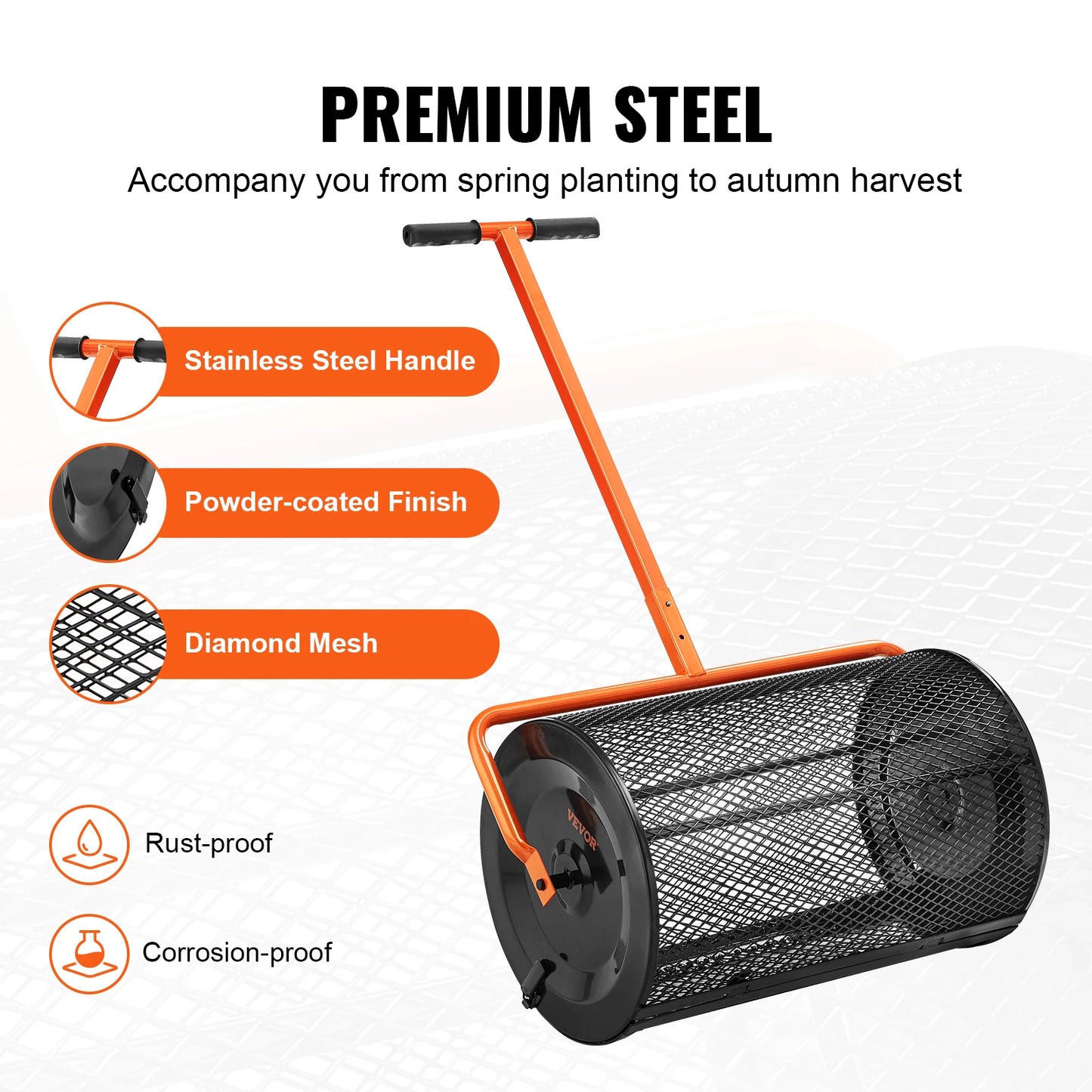 Compostverspreider - Strooiwagen - Lichtgewicht Ontwerp - Turf Mos Roller - Verstelbaar Handvat -  voor Tuin - Gazon - 24inch -  61 x 107 cm - Oranje/Zwart