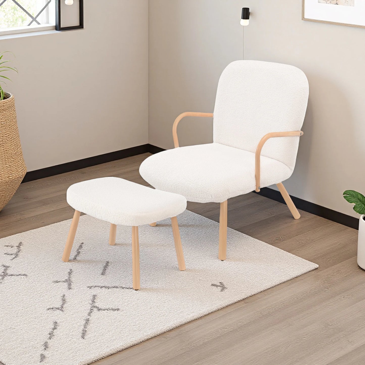 Fauteuil – Stoel – Relaxfauteuil – Zetel – Bijpassende Voetenbank – Teddy Fleece Bekleding – Houten Frame