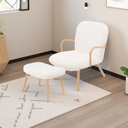 Fauteuil – Stoel – Relaxfauteuil – Zetel – Bijpassende Voetenbank – Teddy Fleece Bekleding – Houten Frame