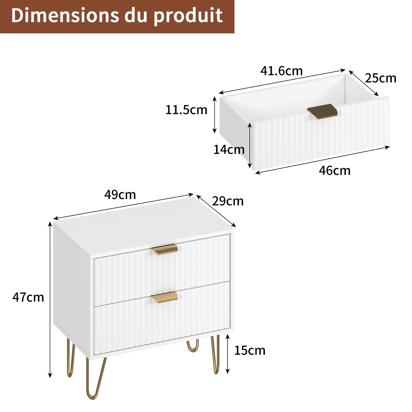 Set of 2 bedside Table, 2 drawer side Table with Storage Couch tip with metal legs for living room bedroom, Desk