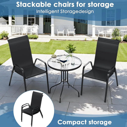 Compact Balkonset – 3-Delige Tuinset – Balkontafel Met Glasplaat – Stapelbare Stoelen – Metalen Frame – Ademend Stof - QUORE