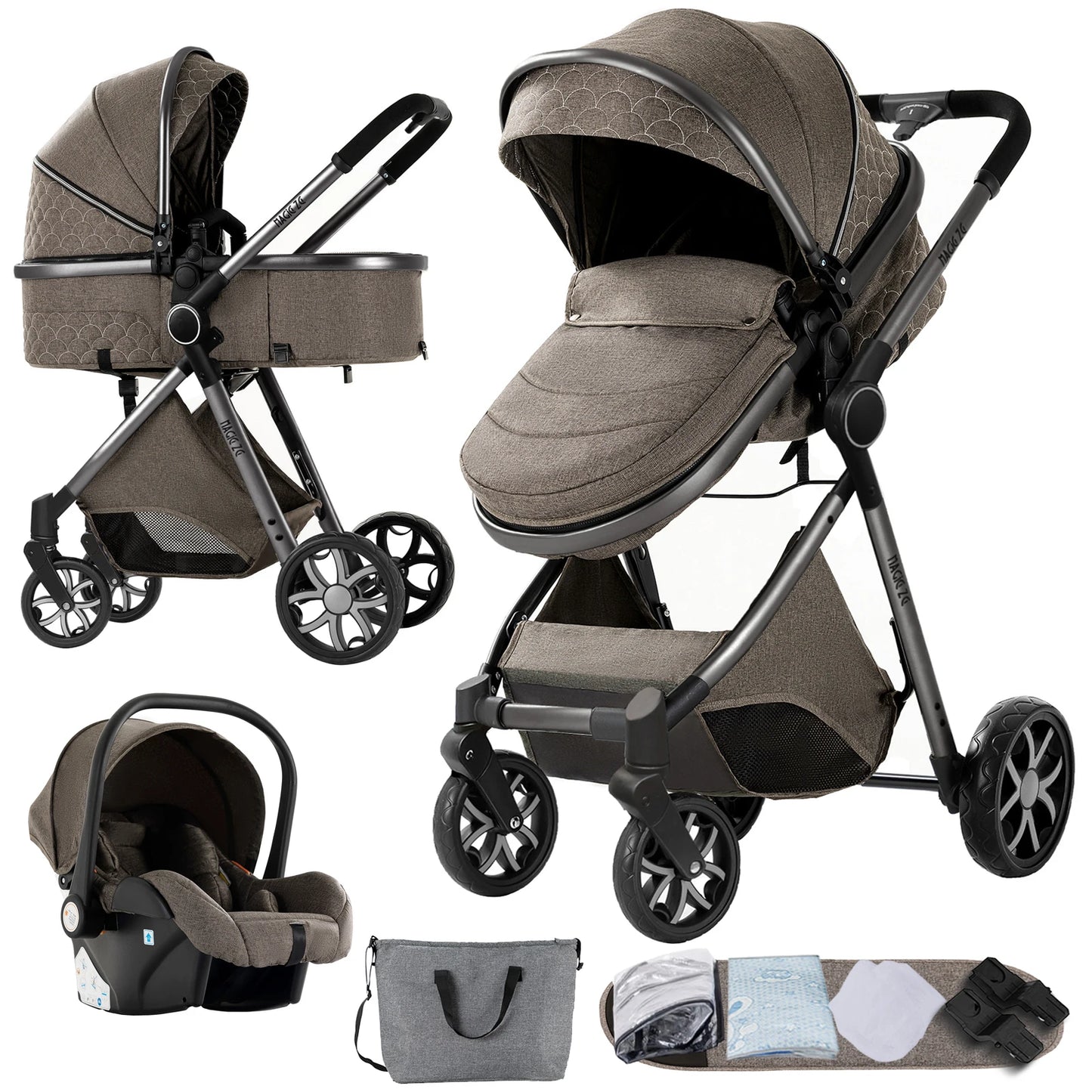 3-in-1 Kinderwagen – Wandelwagen – Autostoeltje – Slaapmandje – Babybuggy – Mocha Brown – Lichtgewicht & Compact – Vierwielige Stabiliteit