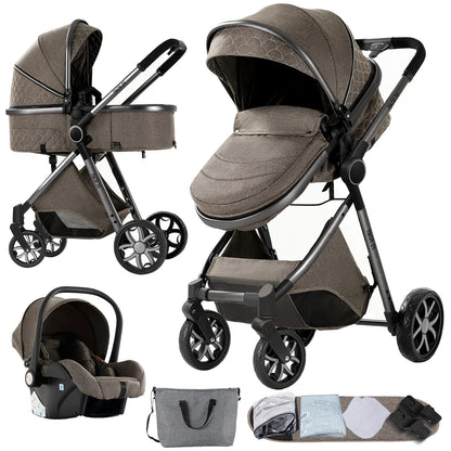 3-in-1 Kinderwagen – Wandelwagen – Autostoeltje – Slaapmandje – Babybuggy – Mocha Brown – Lichtgewicht & Compact – Vierwielige Stabiliteit