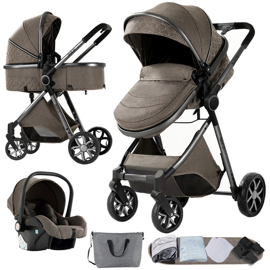 3-in-1 Kinderwagen – Wandelwagen – Autostoeltje – Slaapmandje – Babybuggy – Mocha Brown – Lichtgewicht & Compact – Vierwielige Stabiliteit