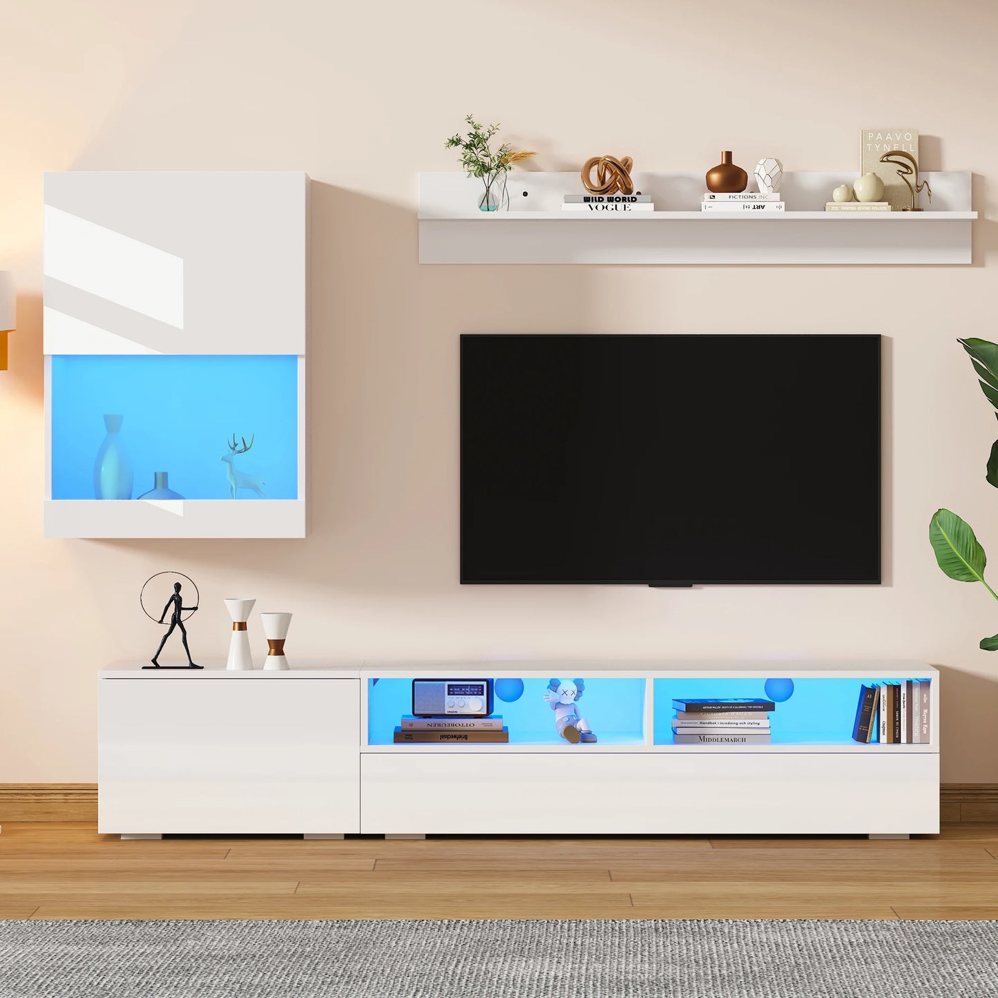 TV Meubel – TV Kast – TV Wandmeubel – TV Dressoir – TV Rek – Hoogglans Wit – LED Verlichting – Complete 3-Delige Set 175x39x34 cm - QUORE