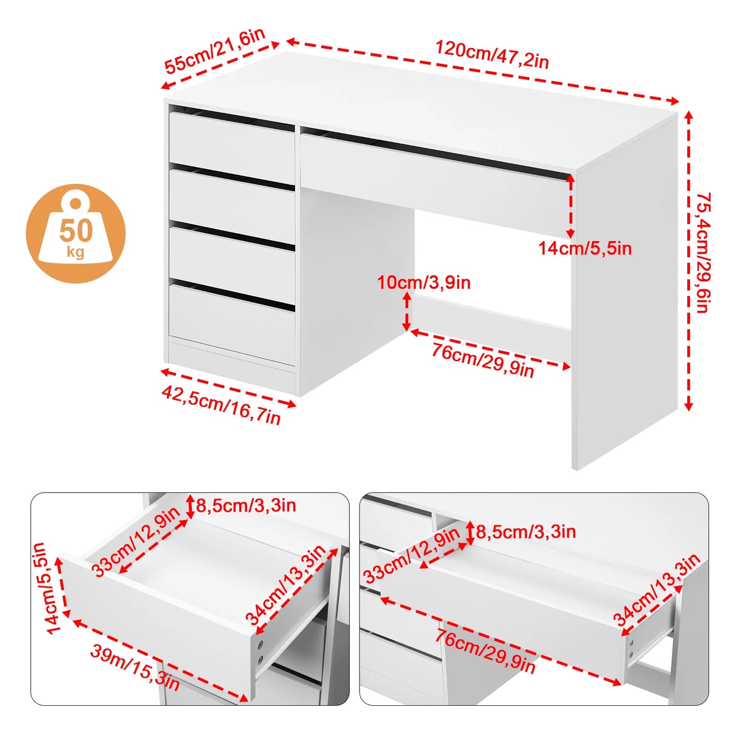 Computertafel - Bureau – Computerbureau – Studietafel – Make-Up Tafel – Hobbytafel – 5 Laden – Waterafstotend Hout - 120 x 55 x 75.4 cm - Wit - QUORE
