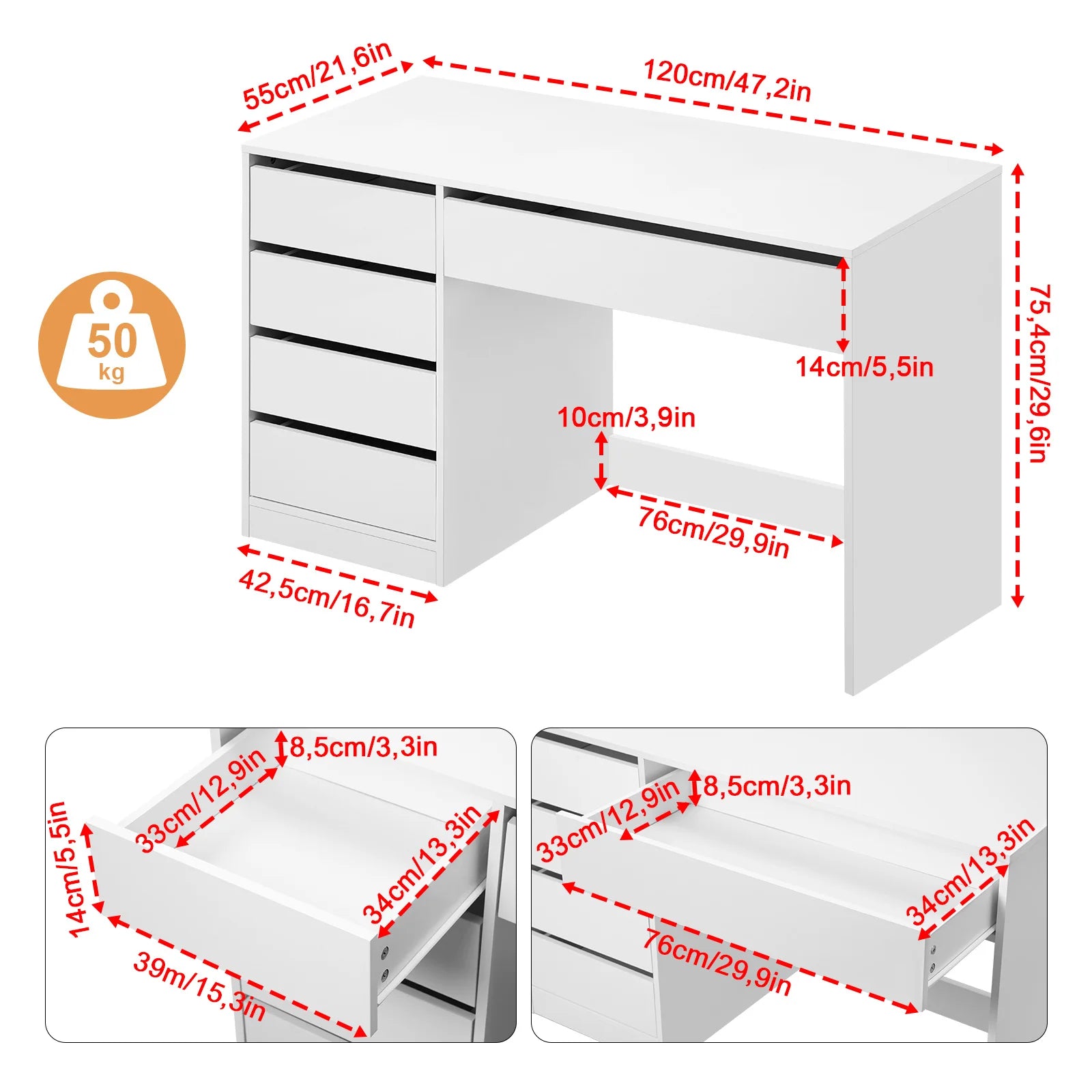 Computertafel - Bureau – Computerbureau – Studietafel – Make-Up Tafel – Hobbytafel – 5 Laden – Waterafstotend Hout - 120 x 55 x 75.4 cm - Wit - QUORE