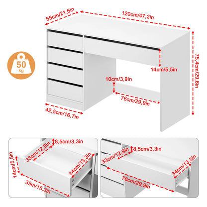Computertafel - Bureau – Computerbureau – Studietafel – Make-Up Tafel – Hobbytafel – 5 Laden – Waterafstotend Hout - 120 x 55 x 75.4 cm - Wit - QUORE