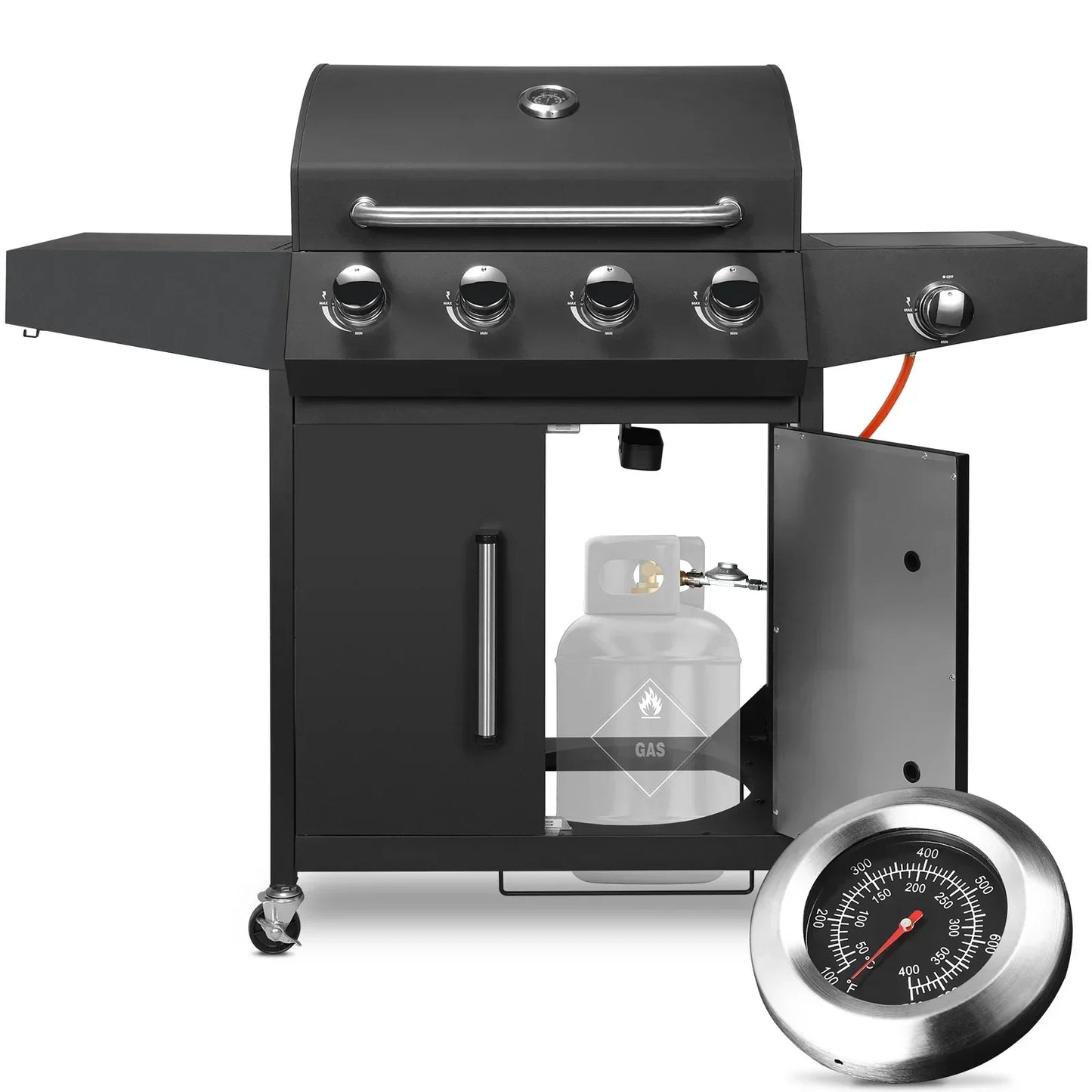 Gasbarbecue - BBQ-grill - Rookloze Barbecue - met Zijbrander - RVS Paneel - Thermometer - Groot Kookoppervlak - 52,000 BTU - 135 x 44 x 136 cm - Zwart